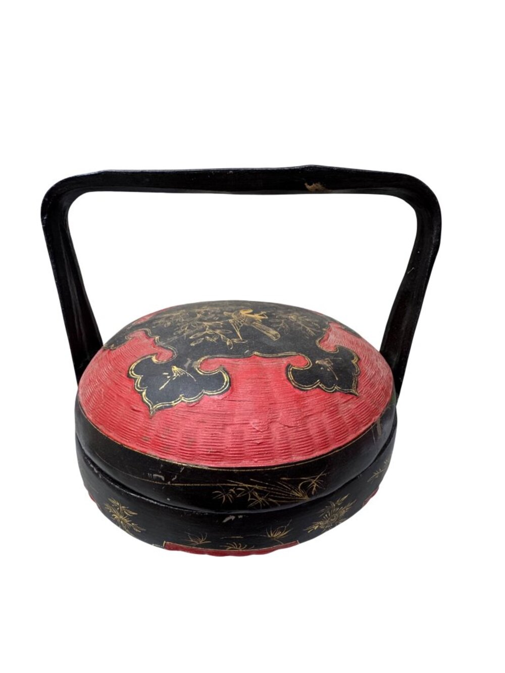 Antique Chinese Peranakan Wedding Basket Hand Painted Black Lacquer Red Bamboo